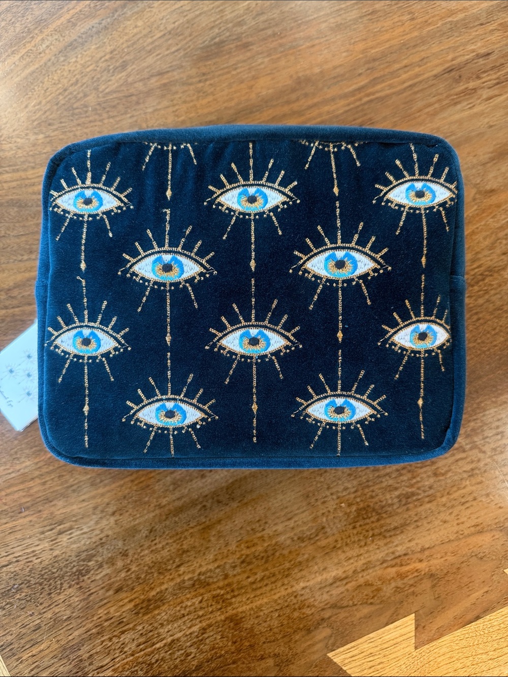 Embroidered Navy Velvet Cosmetic Pouch with Eye Motif